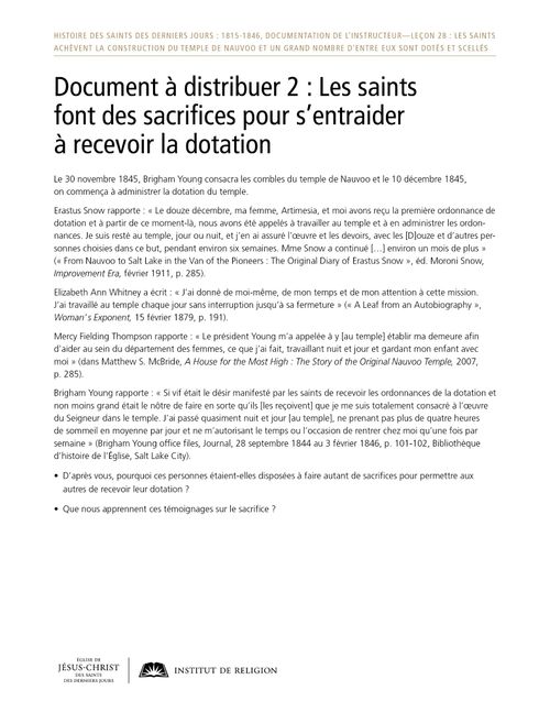 Document à distribuer 2 : Les saints font des sacrifices pour s’entraider à recevoir la dotation