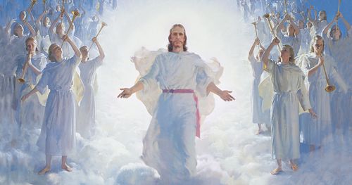 The resurrected Jesus Christ (wearing white robes with a magenta sash) standing above a large gathering of clouds. Christ has His arms partially extended. The wounds in the hands of Christ are visible. Numerous angels (each blowing a trumpet) are gathered on both sides of Christ. A desert landscape is visible below the clouds. The painting depicts the Second coming of Christ. (Acts 1:11)