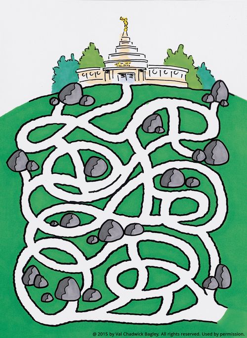 A dirt-trail maze surrounded by green grass and gray rocks, leading to a temple at the top of the page.