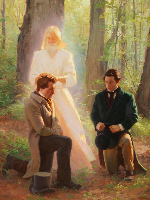 John the Baptist confers the Aaronic Priesthood on Joseph Smith and Oliver Cowdery.