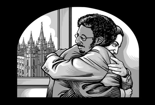 Darius Gray embraces Heber Wolsey with the Salt Lake Temple in the background