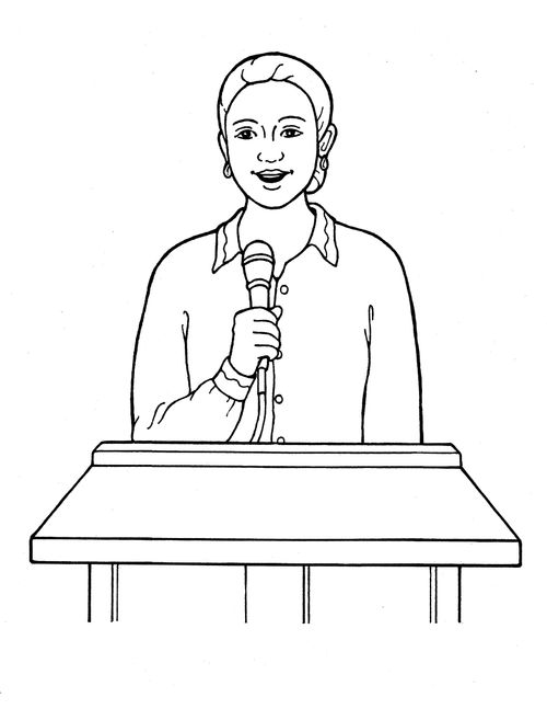 A black-and-white illustration of a Primary president with her hair in a bun standing at a podium, speaking into a microphone she is holding.