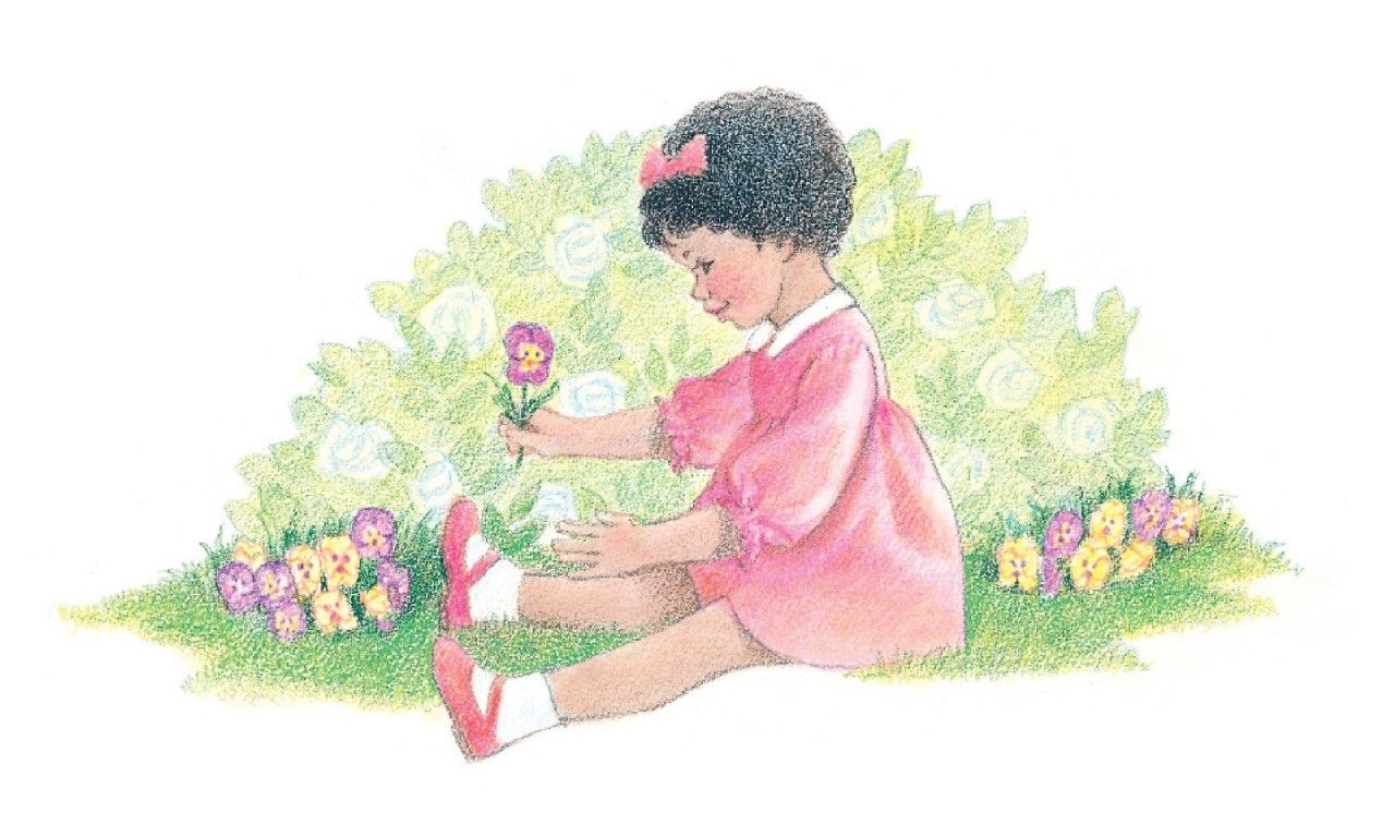 A small girl sitting on the ground in a garden, picking pansies. From the Children’s Songbook, page 244, “Little Purple Pansies”; watercolor illustration by Virginia Sargent.