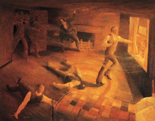 Room in Carthage jail seen on slant; men with guns come through door; Joseph is heading for window which reveals crowd below; painting is bathed in reddish hues.