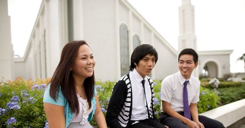 youth outside temple