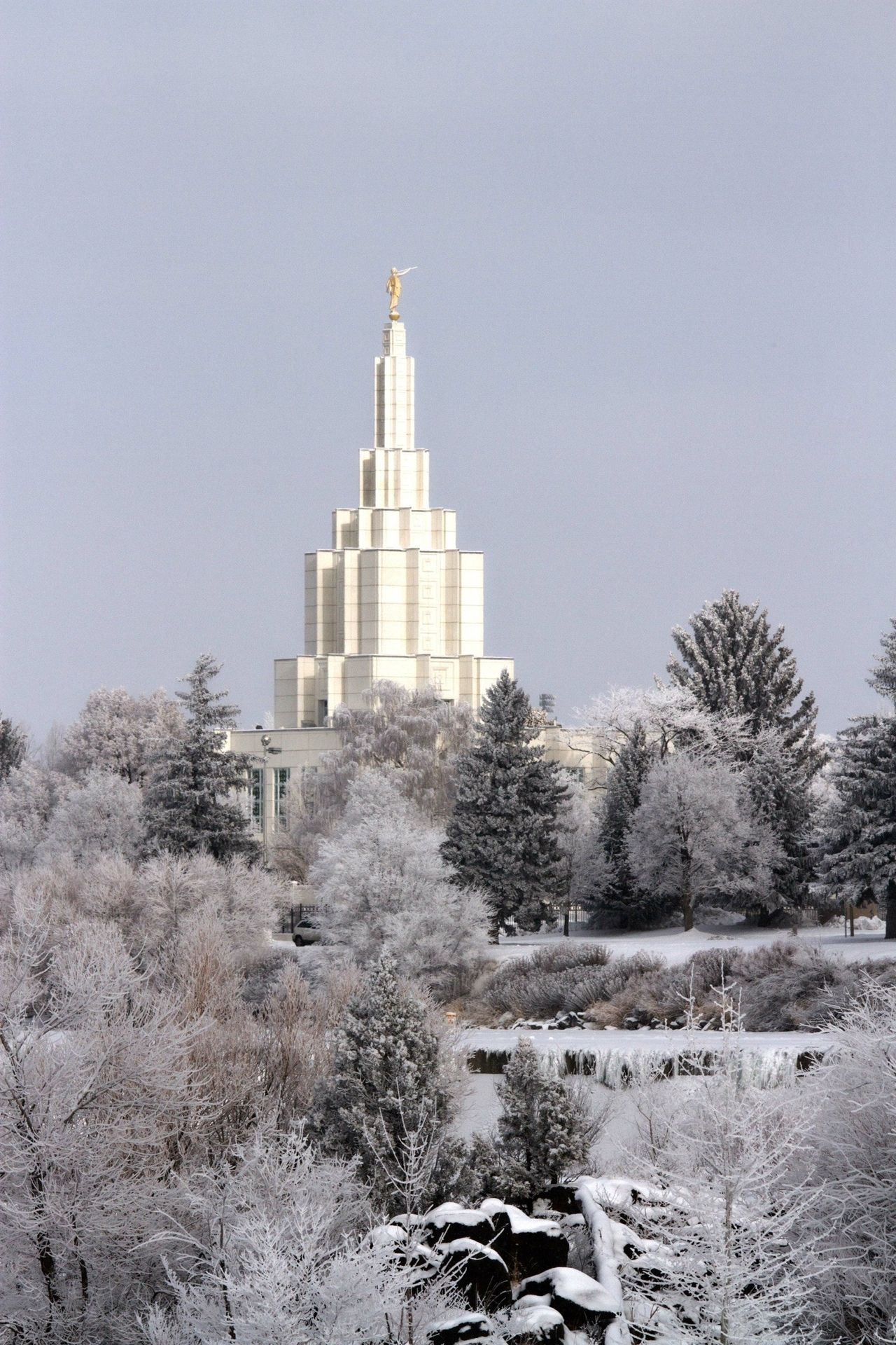 The spire of the Idaho Falls Idaho Temple in the winter.