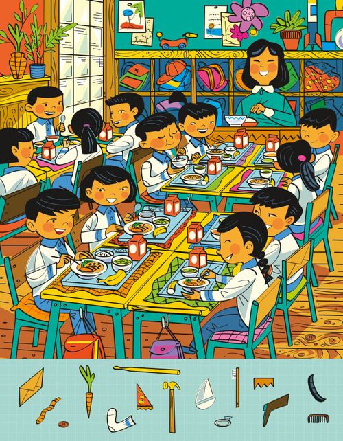 hidden picture activity of children eating lunch in classroom