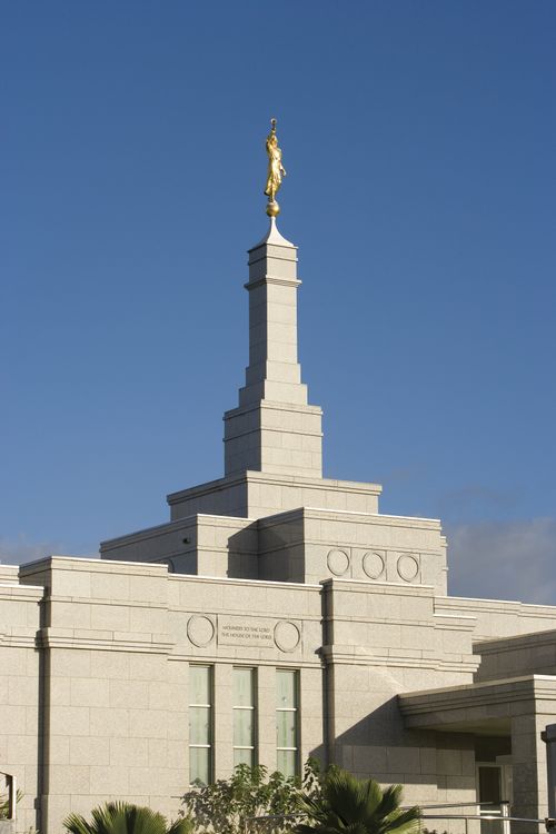 The spire of the Suva Fiji Temple, with the angel Moroni on top.