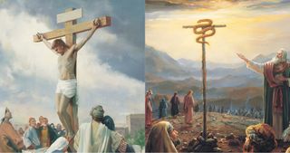 painting of Christ on the cross; painting of Moses and the Brazen Serpent