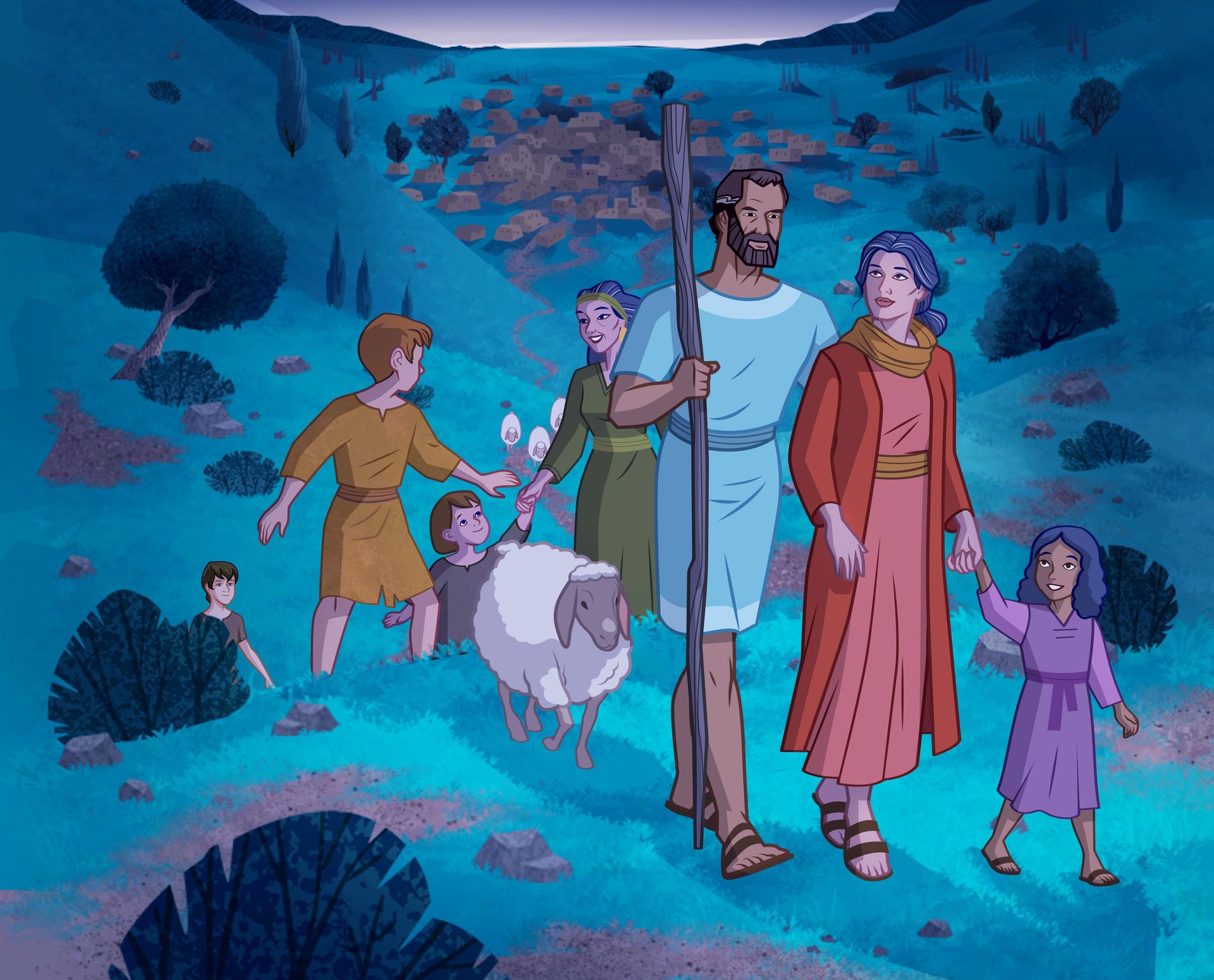 Gravura de Jacó viajando com a família. 
Gênesis 30:31, 43; 31:1–7, 17–18