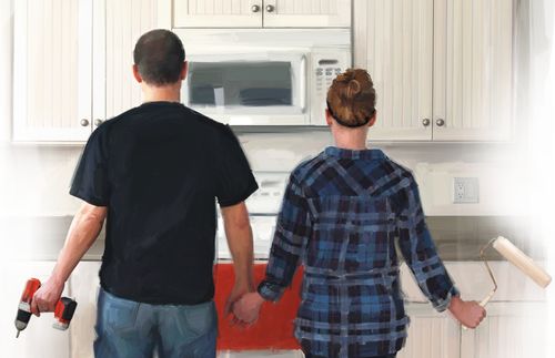 young couple working on kitchen