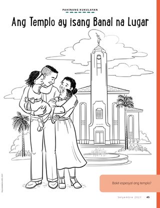 coloring page of family standing outside temple