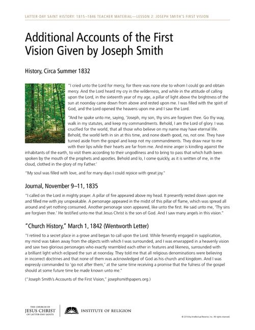 Handout: Additional Accounts of the First Vision Given by Joseph Smith