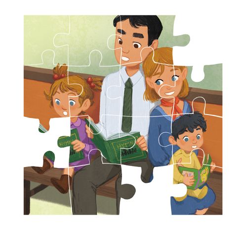 Illustration of a simple sacrament meeting scene with a family and kids in Church clothes. One of the children is looking at a quiet book.