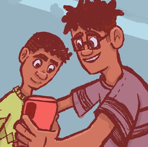 brothers looking at phone screen