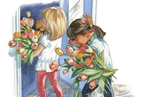illustration with young girls holding flowers