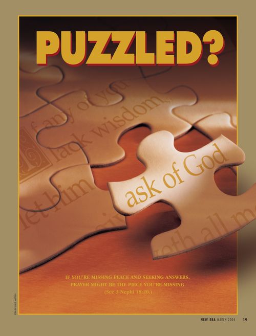 A conceptual photograph of a puzzle of James 1:5 with the words “ask of God” being added to it, paired with the word “Puzzled?”