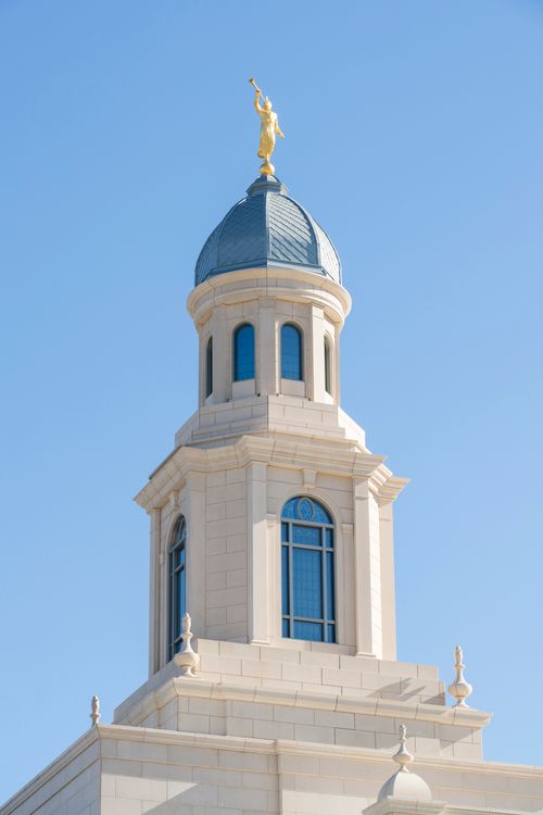 A large tower is the base for the angel Moroni on the Concepción Chile Temple.