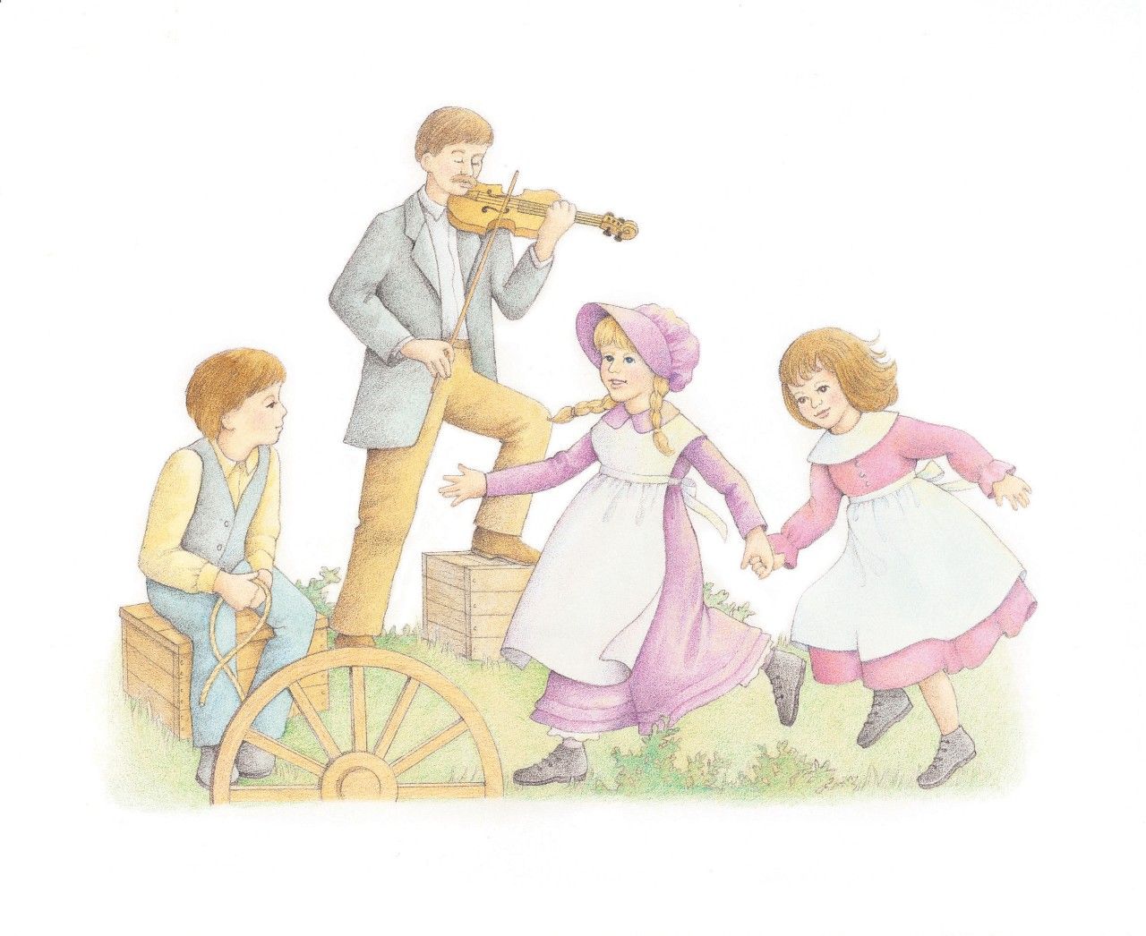 Pioneer children dance to the tune of a nearby fiddler. From the Children’s Songbook, page 223, “Whenever I Think about Pioneers”; watercolor illustration by Beth Whittaker.