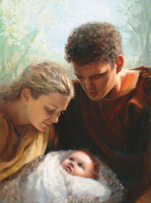 A painting by Jay Bryant Ward of Adam and Eve holding a child wrapped in a white blanket.