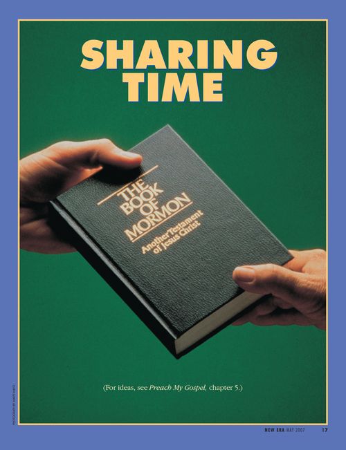 A conceptual photograph showing a copy of the Book of Mormon being passed between two hands, paired with the words “Sharing Time.”