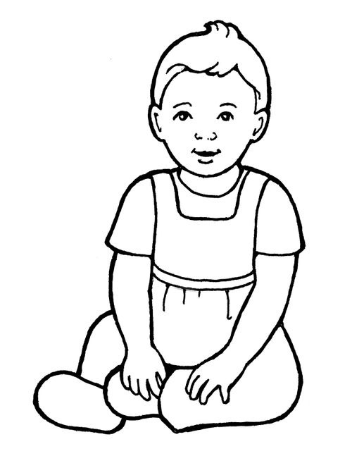 A black-and-white illustration of a baby girl sitting on the floor.