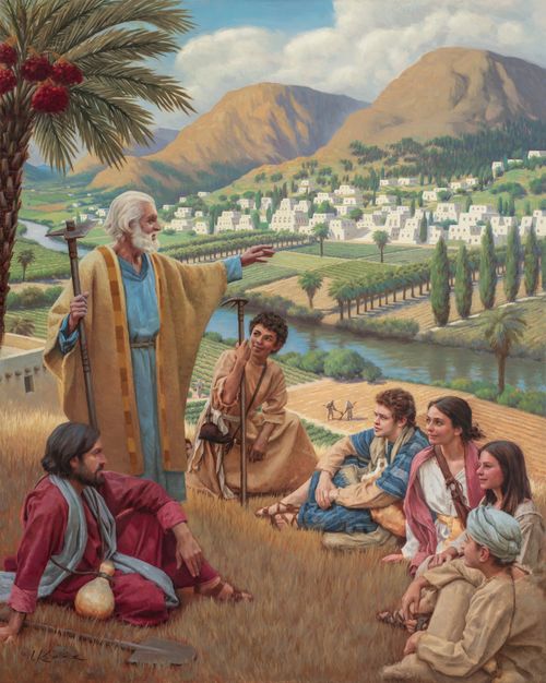 Enoch teaching people on a hillside, with the city of Zion in the background