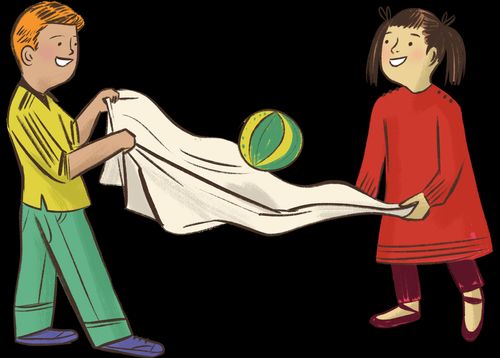 un băiat și o fată rostogolind o minge pe o pătură