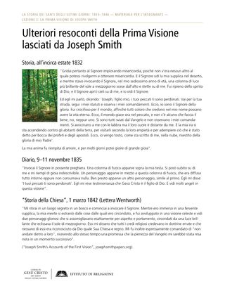 Approfondimento – Ulteriori resoconti della Prima Visione lasciati da Joseph Smith