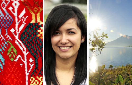 Composite of three images.   1) A lake in Guatemala   2) A Guatemalan textile 3) A young woman in Guatemala, Merci Arens.