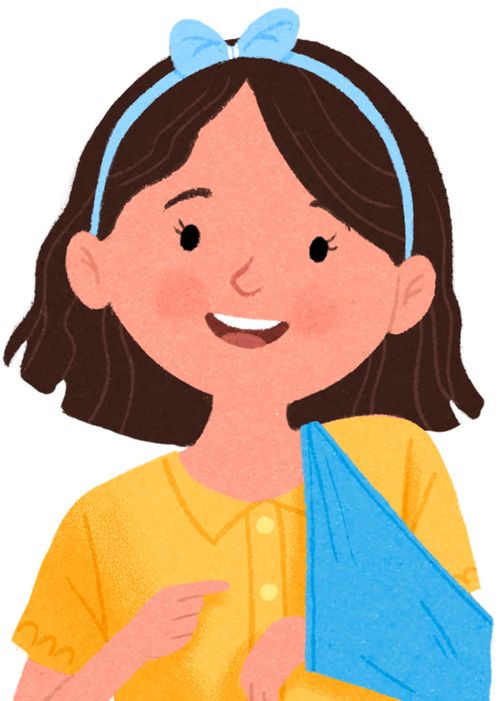 This image is #3 listed below. A series of spot illustrations of children. 1. A girl reading. 2. A boy talking. 3. A girl with a broken arm in a sling.