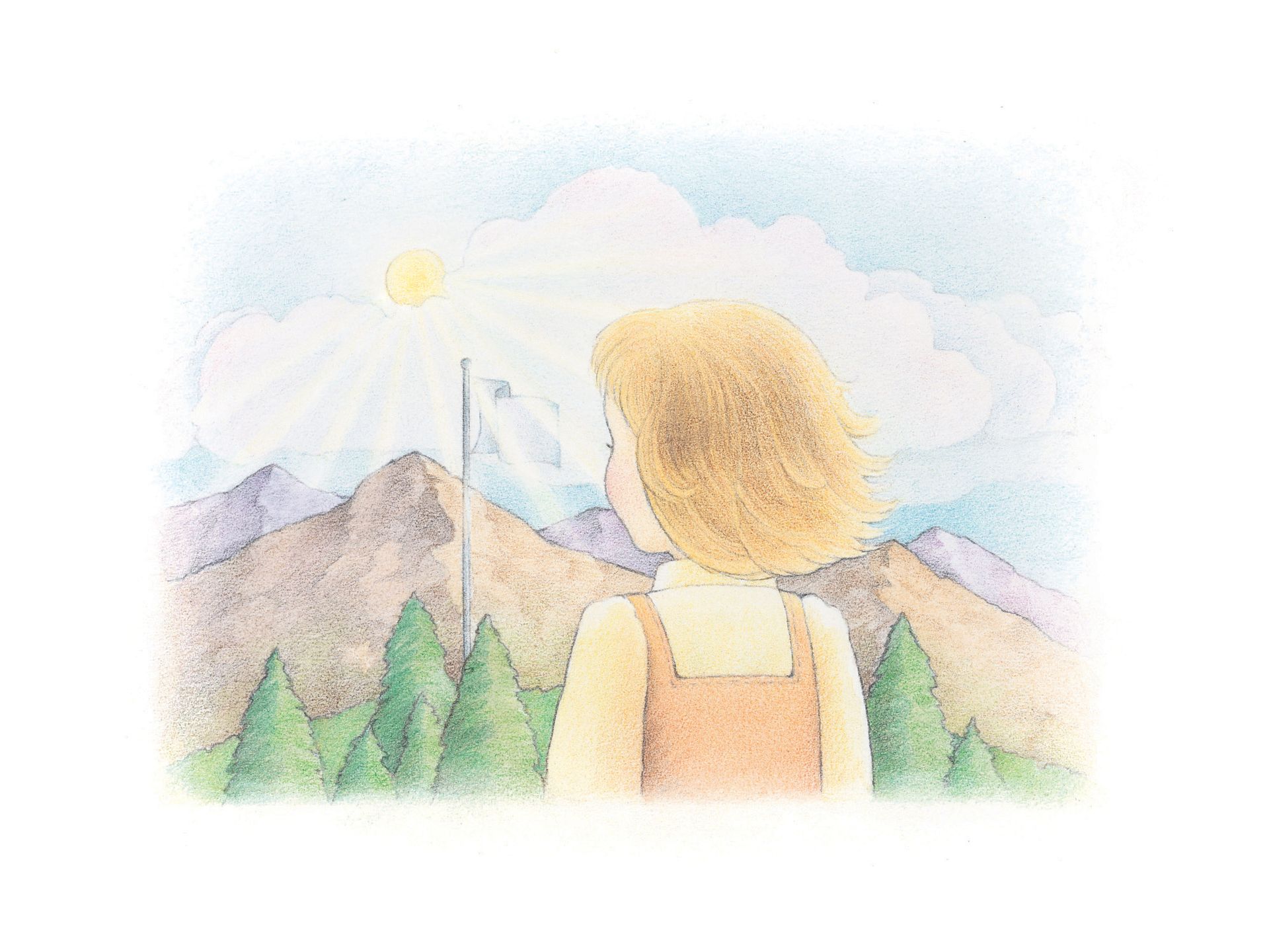 A girl gazing at a flag near a distant mountain range. From the Children’s Songbook, page 224, “My Country”; watercolor illustration by Beth Whittaker.