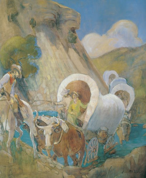 A painting by Minerva K. Teichert depicting a group of pioneers in covered wagons crossing a river.