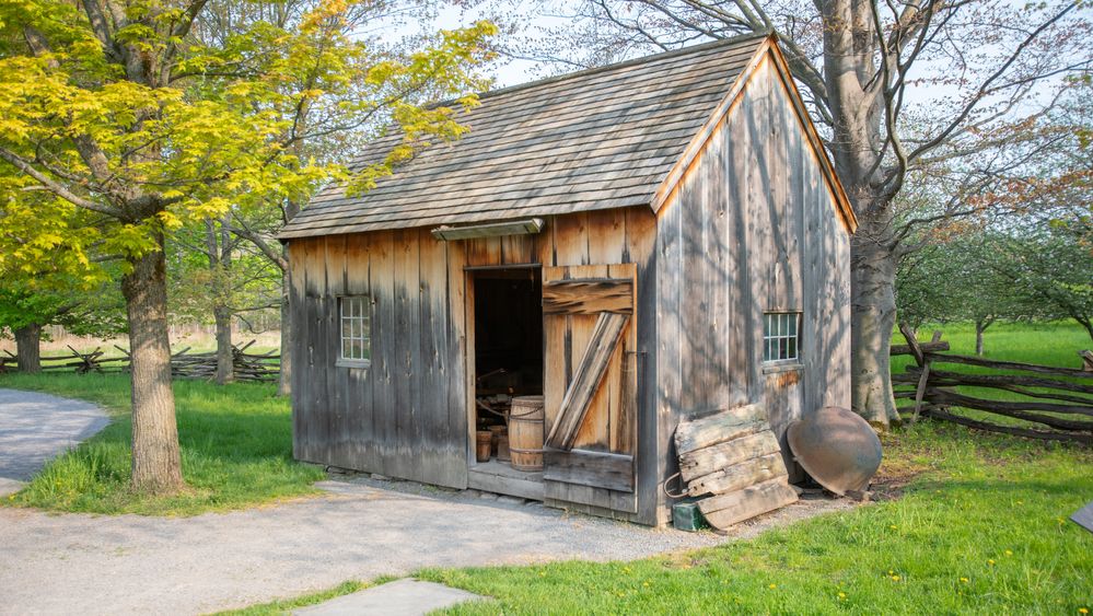 Joseph Smith hid the gold plates in the loft of a cooper shed to protect them from looters. Located in Palmyra, New York, this replica shows what the shed may have looked like. Photo taken May 2022.