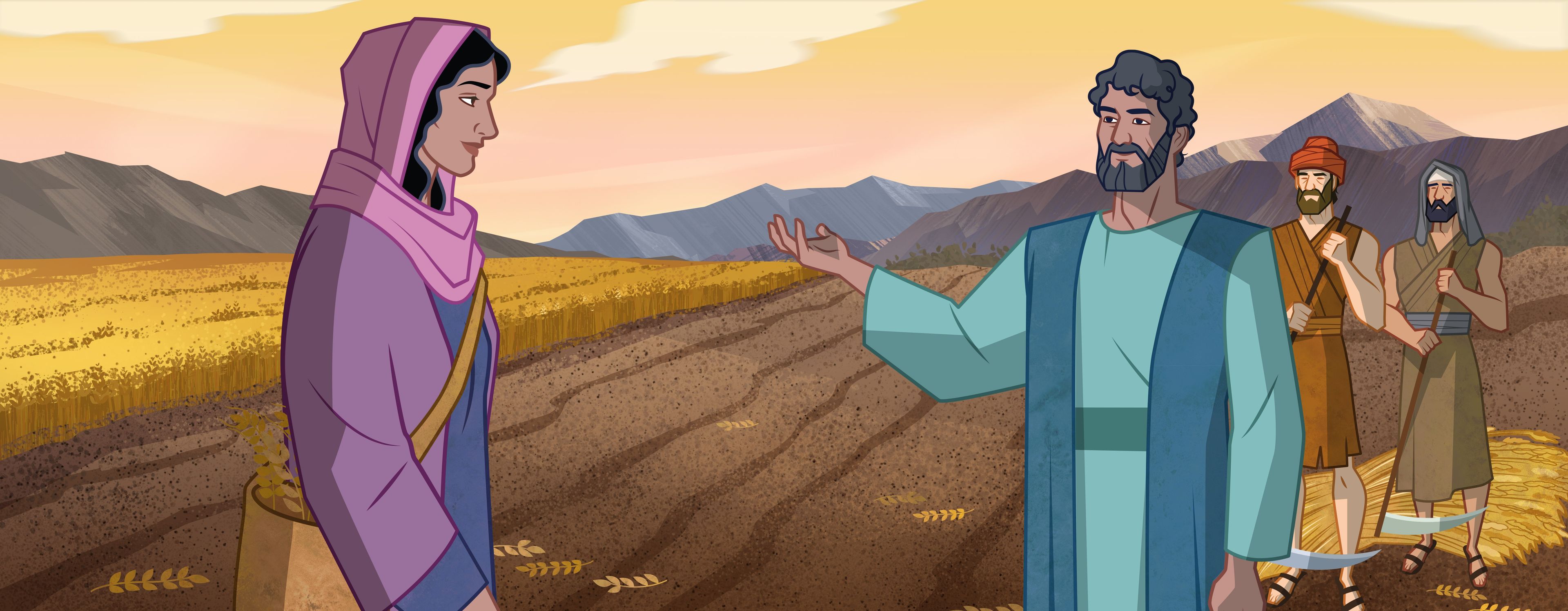 Illustration of Boaz talking to Ruth. Ruth 2:5–17