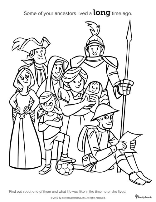 A black-and-white drawing of a group of men, women, and children at diverse ages and time periods.