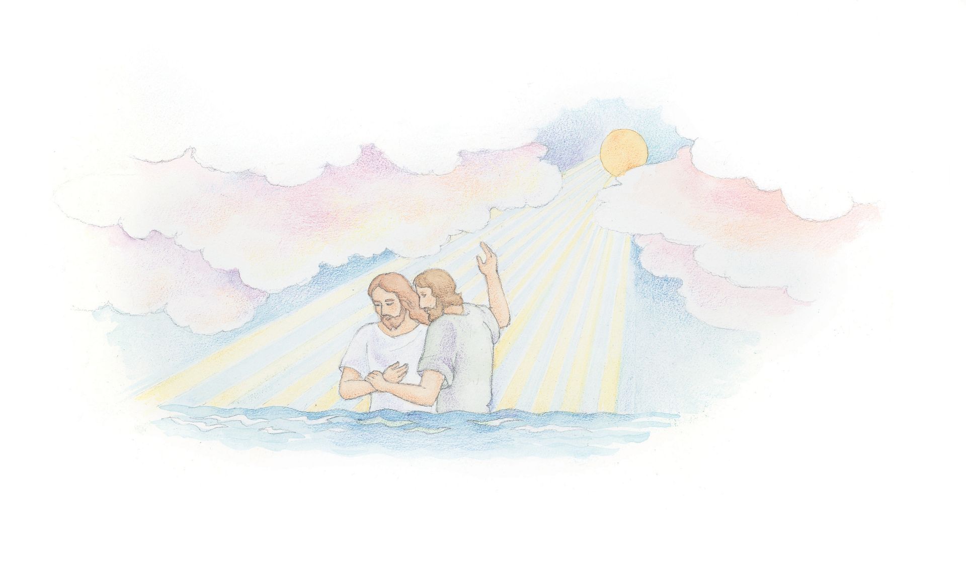 Jesus being baptized in the River Jordan. From the Children’s Songbook, page 102, “When Jesus Christ Was Baptized”; watercolor illustration by Phyllis Luch.