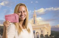 Composite of a photo of a Temple in the background and a photo of a young woman holding temple recommends.