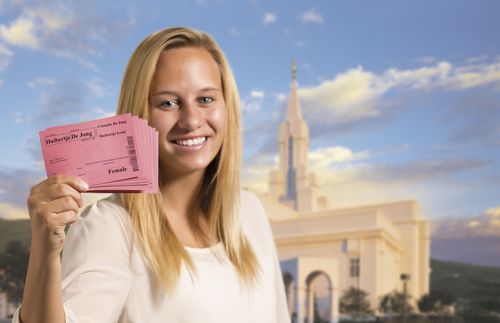 Composite of a photo of a Temple in the background and a photo of a young woman holding temple recommends.