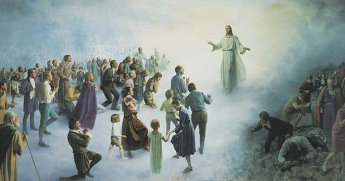 Jesus with people in light on His right hand and people in darkness on his left