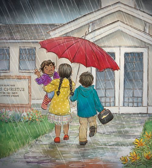 children walking to church and holding umbrella in rain