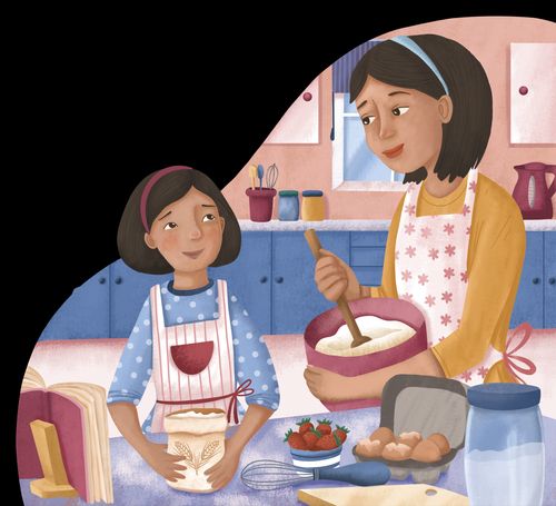 girl and aunt cooking in kitchen