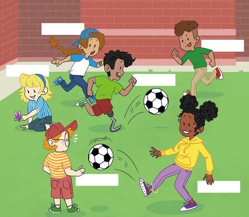An illustration of 8 children. A boy and a girl are talking while 6 other children are playing soccer. One of the children has a physical disability.