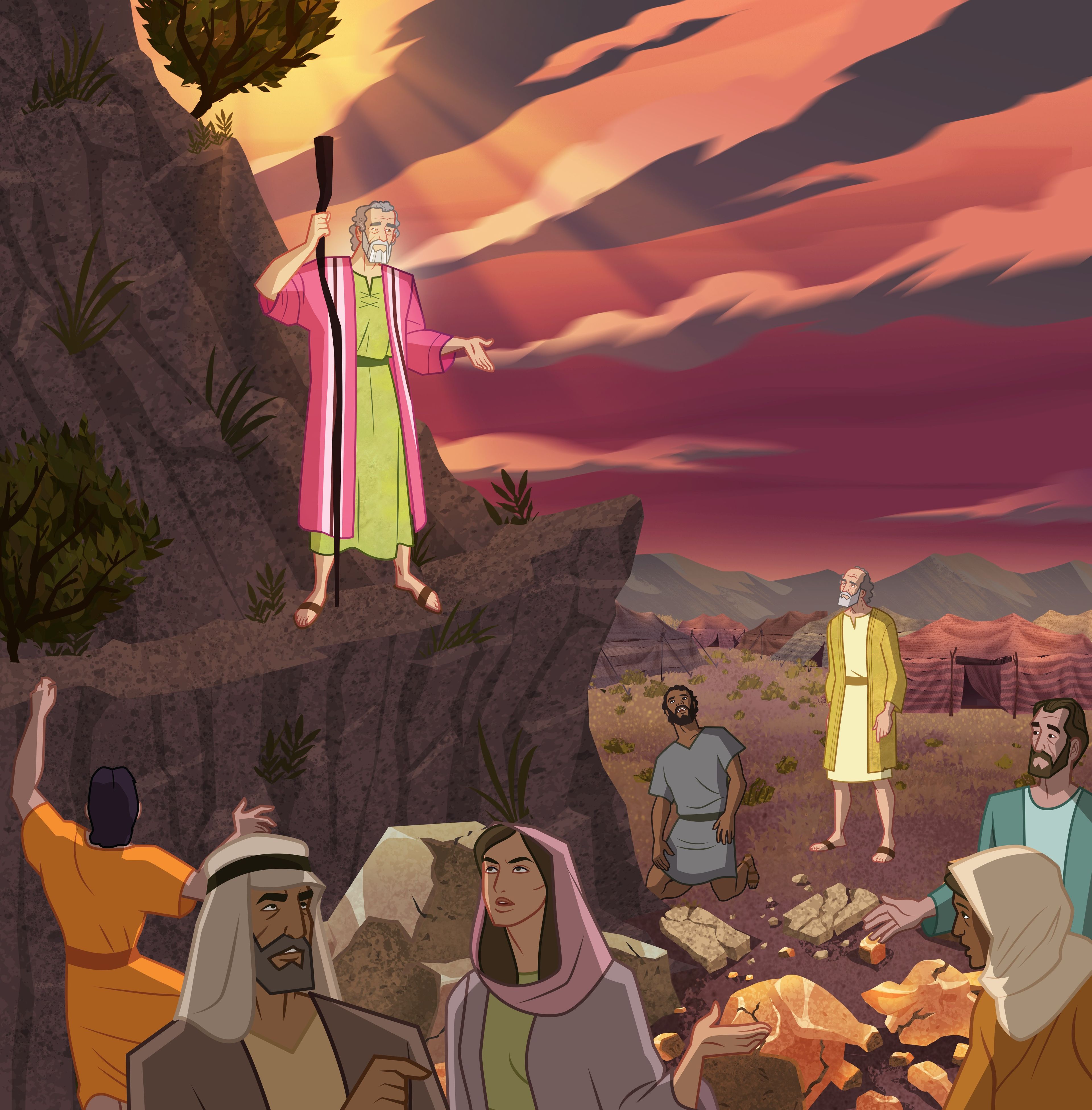 Illustration of Moses talking to Israelites, golden calf destroyed. Exodus 32:15–20, 25–29