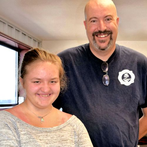 young woman with firefighter