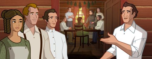 David Whitmer welcoming Joseph, Emma, and Oliver into his home.