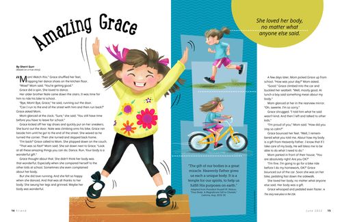 Story PDF with images of girl dancing, running, and riding a bike