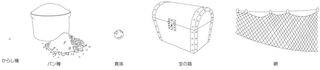 〔からし種，パン種，真珠，宝箱，網の画像〕