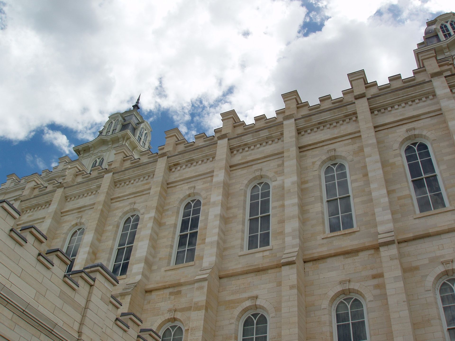 The Manti Utah Temple exterior, including windows and spires.
