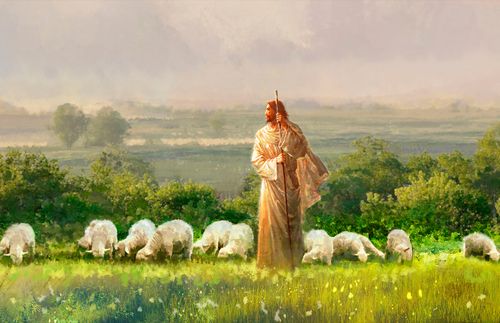 Christ standing in a field and watching over sheep